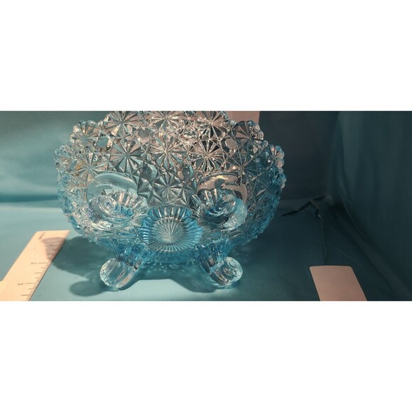 Vintage Blue Daisy & Button Pressed Glass Footed Bowl 3-Leg 6.5" Retro - Picture 5 of 11